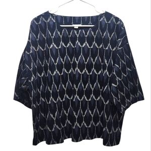 J Jill Pure Jill Navy White Cotton Ikat Feather Boho Pullover Blouse Size S